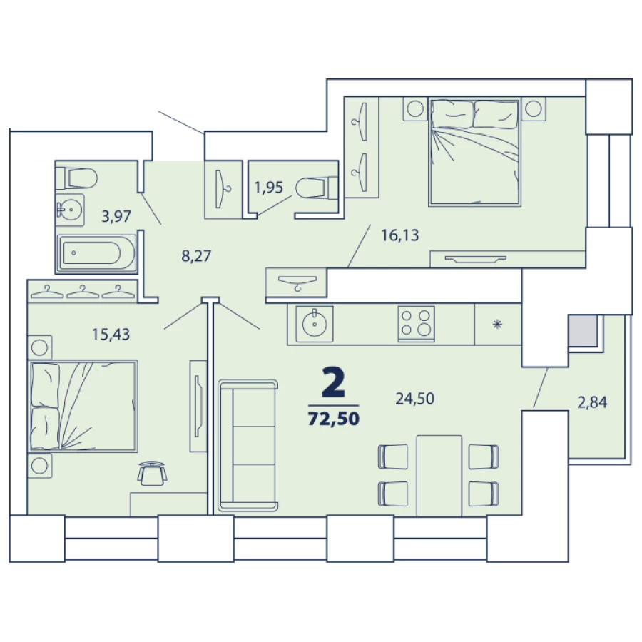 2-ая квартира 72.5 м2 с просторной кухней-столовой